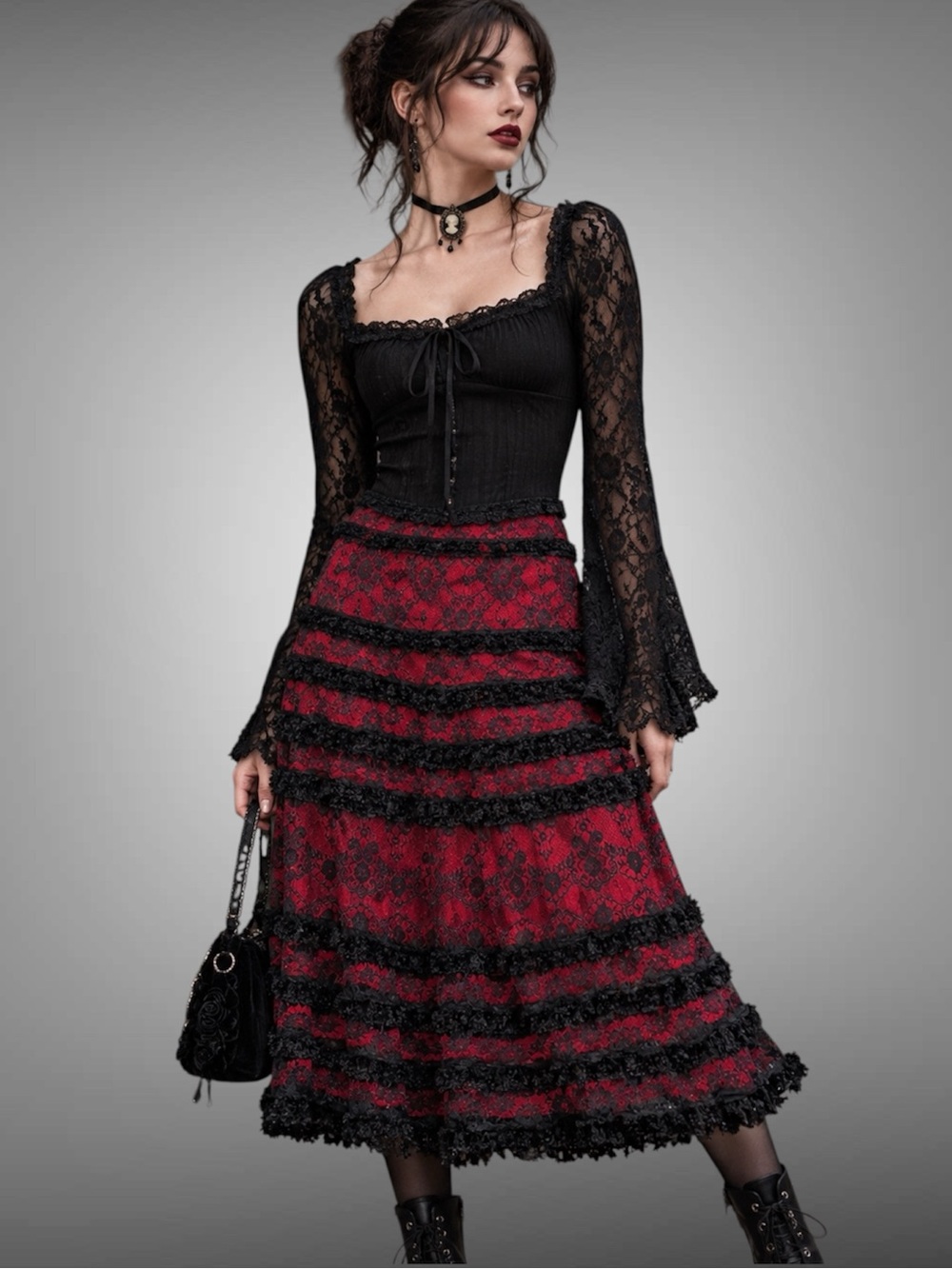 Vintage Cartise Lace Overlay Skirt Red Black Ruffle Gothic Whimsigoth Y2K Sz 6/8